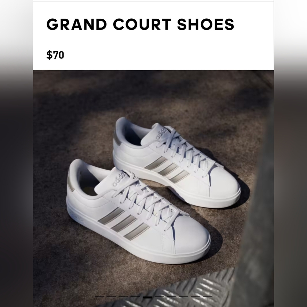 Adidas Grand Court 2.0 Vegan Shoes, White w/Metallic Platinum Stripes, Wmn s.9